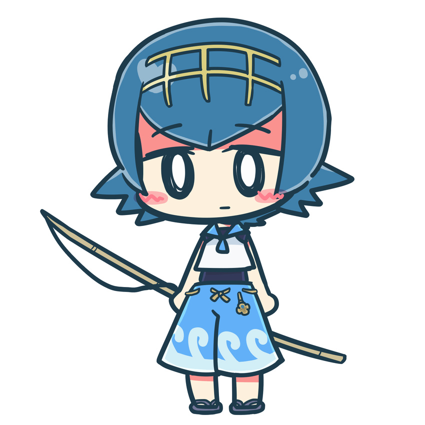 baggy_pants black_swimsuit blue_hair blue_pants blue_sky blush_stickers bright_pupils capri_pants chibi crop_top eyebrows eyebrows_visible_through_hair fishing_rod hairband highres holding one-piece_swimsuit pants pokemon pokemon_(game) pokemon_sm sandals short_hair simple_background sky solo suiren_(pokemon) swimsuit swimsuit_under_clothes trial_captain white_background yamadakyou_kurotan yellow_hairband