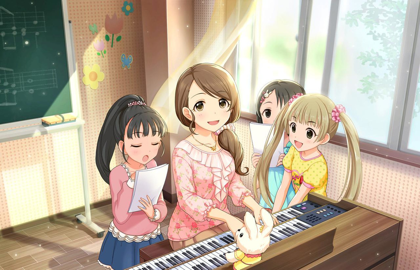 artist_request beamed_eighth_notes black_hair brown_eyes brown_hair bunny_hair_ornament chalkboard closed_eyes eighth_note eraser fukuyama_mai hair_ornament hair_over_shoulder hairclip idolmaster idolmaster_cinderella_girls idolmaster_cinderella_girls_starlight_stage indoors instrument jewelry light_brown_hair long_hair mochida_arisa multiple_girls musical_note musical_note_hair_ornament necklace official_art open_mouth organ ponytail puppet quarter_note sasaki_chie scrunchie short_hair side_ponytail sitting smile staff_(music) standing stuffed_animal stuffed_bunny stuffed_toy twintails window yokoyama_chika