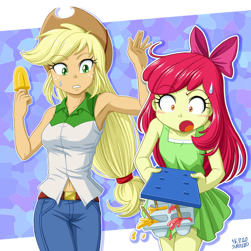 2girls apple_bloom applejack multiple_girls my_little_pony my_little_pony_equestria_girls my_little_pony_friendship_is_magic personification popsicle tagme uotapo