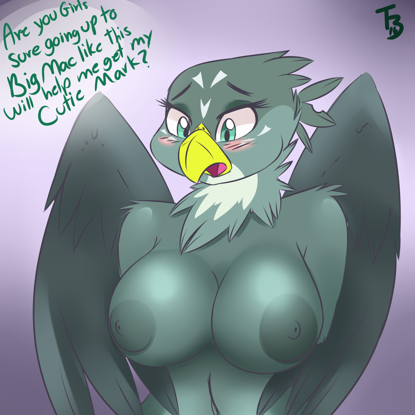 2016 anthro anthrofied areola avian beak big_breasts bird blush breasts dialogue english_text feathered_wings feathers friendship_is_magic fur gabby_(mlp) hi_res john_sheppard my_little_pony nipples solo text wings