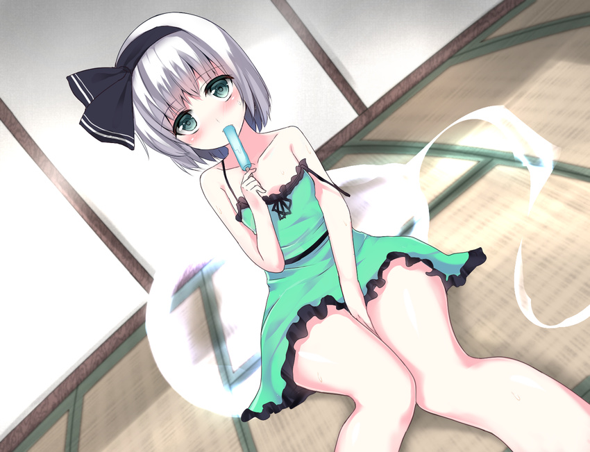 aqua_eyes bangs bare_shoulders between_legs black_hairband black_ribbon blush breasts collarbone dress dutch_angle eating eyebrows eyebrows_visible_through_hair food food_in_mouth frilled_dress frills ghost green_dress hair_ribbon hairband hand_between_legs hand_up hips hitodama holding holding_food indoors konpaku_youmu konpaku_youmu_(ghost) legs_together looking_at_viewer no_bra on_floor popsicle ribbon shamuichi short_dress short_hair sitting sleeveless sleeveless_dress sliding_doors small_breasts solo spaghetti_strap strap_slip sweat tatami touhou white_hair