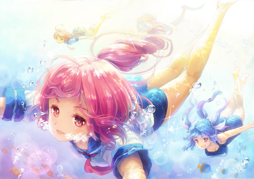 air_bubble barefoot blue_hair breath bubble bubble_blowing fish freediving holding_breath i-168_(kantai_collection) i-19_(kantai_collection) i-58_(kantai_collection) kantai_collection miyai_haruki multiple_girls name_tag one-piece_swimsuit pink_hair ponytail red_eyes red_hair school_swimsuit school_uniform serafuku short_hair swimming swimsuit swimsuit_under_clothes twintails underwater