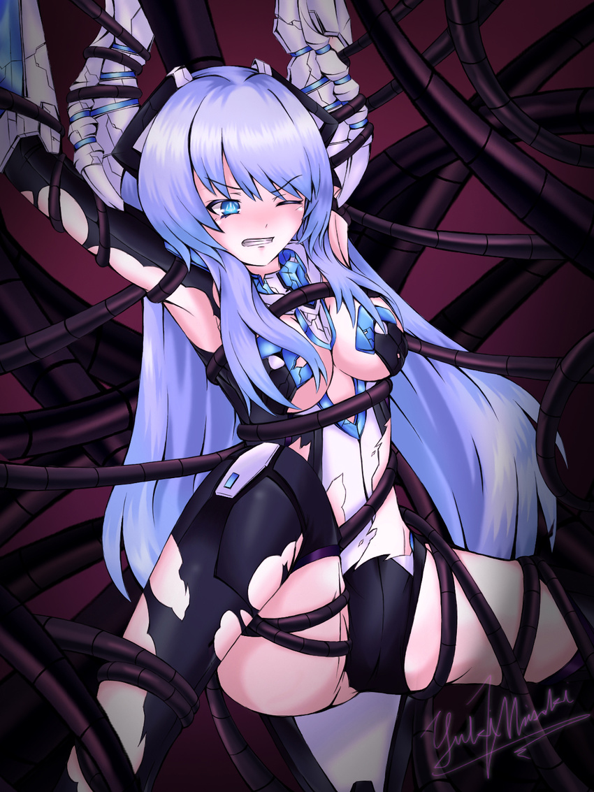 blue_eyes blue_hair blush bound breasts highres kiseijou_rei kiseijou_rei_(goddess_form) long_hair medium_breasts monster neptune_(series) rape restrained slime solo spread_legs tears teeth tentacles torn_clothes verniy_misaki