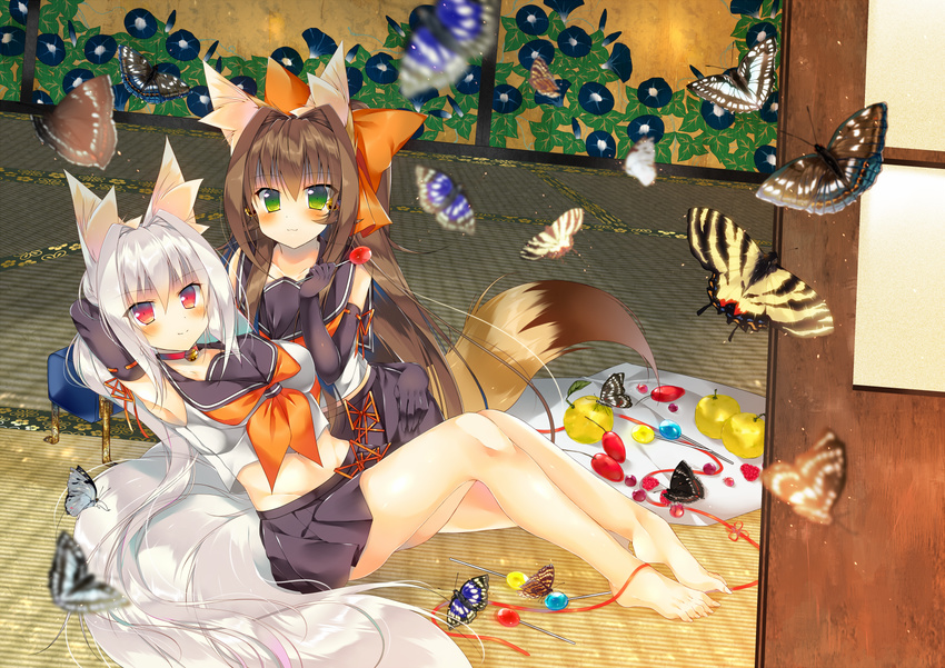 animal_ears barefoot bell bell_choker bow brown_hair bug butterfly candy choker elbow_gloves food fox_ears fox_tail fruit gloves green_eyes hair_between_eyes hair_bow insect lollipop long_hair looking_at_viewer lying monaka_natsume multiple_girls original red_eyes school_uniform serafuku silver_hair sitting smile swallowtail_butterfly tail