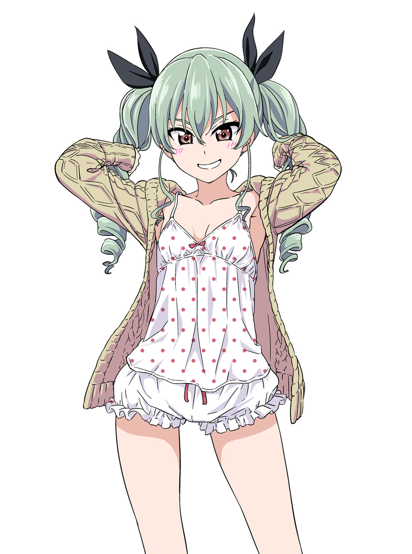 alternate_costume anchovy arms_up bloomers blush brown_eyes cardigan casual collarbone drill_hair girls_und_panzer green_hair hair_between_eyes hair_ribbon highres hiroyuki long_hair long_sleeves open_cardigan open_clothes polka_dot ribbon shorts simple_background sleeves_past_wrists smile solo standing twin_drills twintails underwear white_background