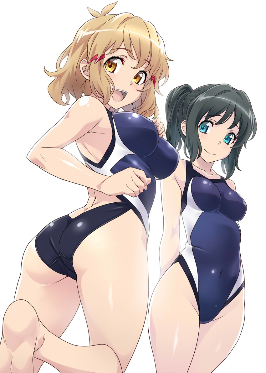 :d aqua_eyes ass bad_anatomy bare_legs barefoot black_hair breasts competition_swimsuit covered_navel cowboy_shot dutch_angle hair_ornament hairclip highres kohinata_miku light_brown_hair looking_back lydian_academy_swimsuit medium_breasts multiple_girls nagayori one-piece_swimsuit open_mouth ponytail senki_zesshou_symphogear short_hair simple_background smile standing standing_on_one_leg swimsuit tachibana_hibiki_(symphogear) twisted_torso white_background yellow_eyes