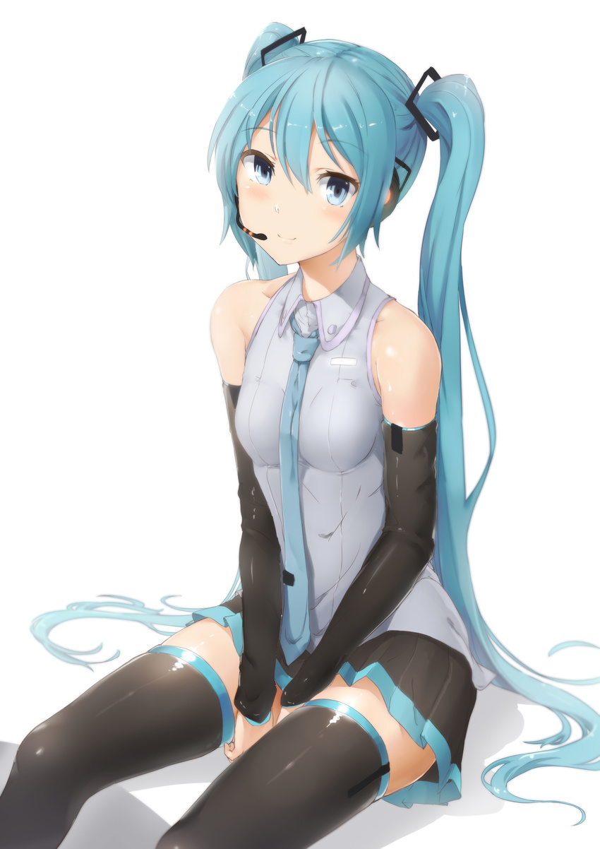 abmayo bare_shoulders black_legwear black_skirt blue_neckwear blush breasts closed_mouth collared_shirt detached_sleeves grey_shirt hatsune_miku headset highres long_hair long_sleeves looking_at_viewer necktie shiny shiny_skin shirt simple_background skirt sleeveless sleeveless_shirt small_breasts smile solo thighhighs twintails very_long_hair vocaloid white_background wing_collar zettai_ryouiki