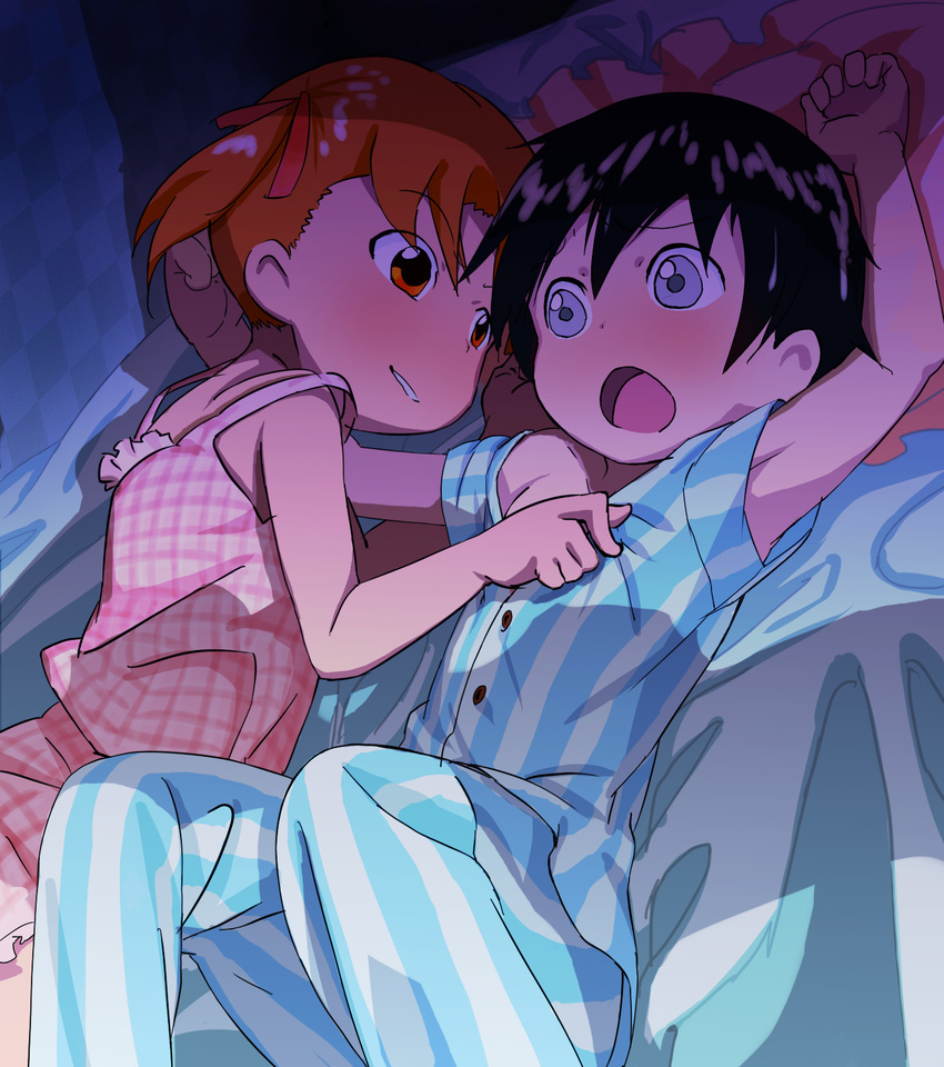 2girls black_hair blush child eyebrows ichigo_mashimaro itou_chika lying m-thet matsuoka_miu multiple_girls on_back open_mouth orange_hair pajamas shiny shiny_hair