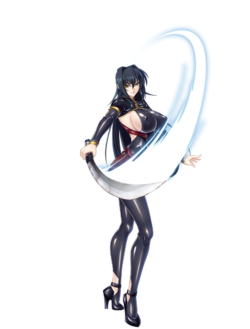 1girl annerose_vajra black_hair breasts elf erect_nipples full_body kagami_hirotaka katana koutetsu_no_majo_annerose koutetsu_no_majo_anneroze large_breasts legs lilith-soft long_hair looking_at_viewer pointy_ears sideboob smile solo standing sword weapon yellow_eyes