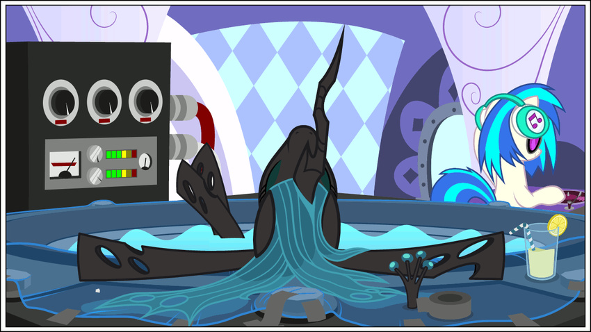 2016 abstract_background animated bath beverage changeling crown dj duo equine eyewear female feral friendship_is_magic fur glass glasses hair horn horse inside mammal misteraibo multicolored_hair my_little_pony pony queen_chrysalis_(mlp) two_tone_hair vinyl_record vinyl_scratch_(mlp) water white_fur