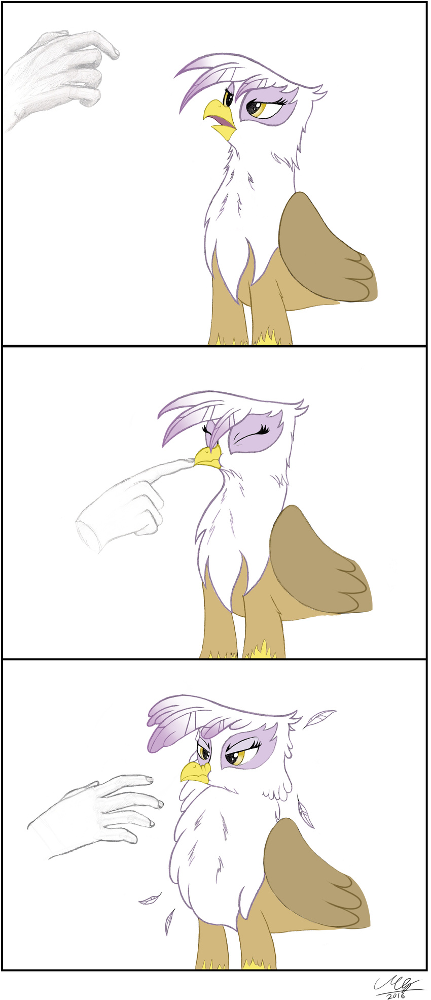 2016 amber_eyes avian beak boop brown_feathers comic disembodied_hand feathered_wings feathers female feral friendship_is_magic fur gilda_(mlp) graboiidz gryphon hair hi_res my_little_pony simple_background solo white_background white_feathers wings yellow_beak