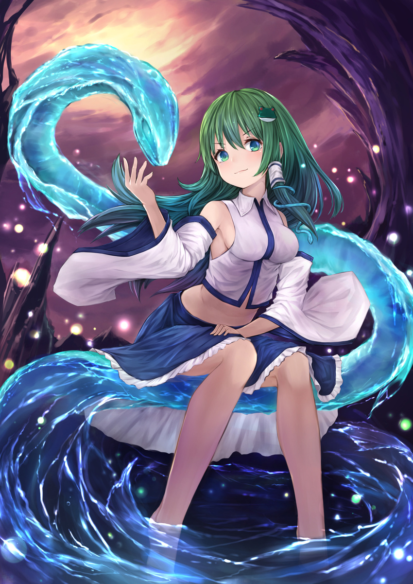 aqua_eyes bare_shoulders barefoot blue_skirt breasts commentary_request detached_sleeves frilled_skirt frills frog_hair_ornament green_hair hair_between_eyes hair_ornament hair_tubes hand_on_own_thigh highres kochiya_sanae light_particles long_hair looking_at_viewer medium_breasts midriff no_navel pi-pie purple_sky shirt sideboob sitting sitting_on_animal skirt smile snake snake_hair_ornament solo touhou water white_shirt wide_sleeves