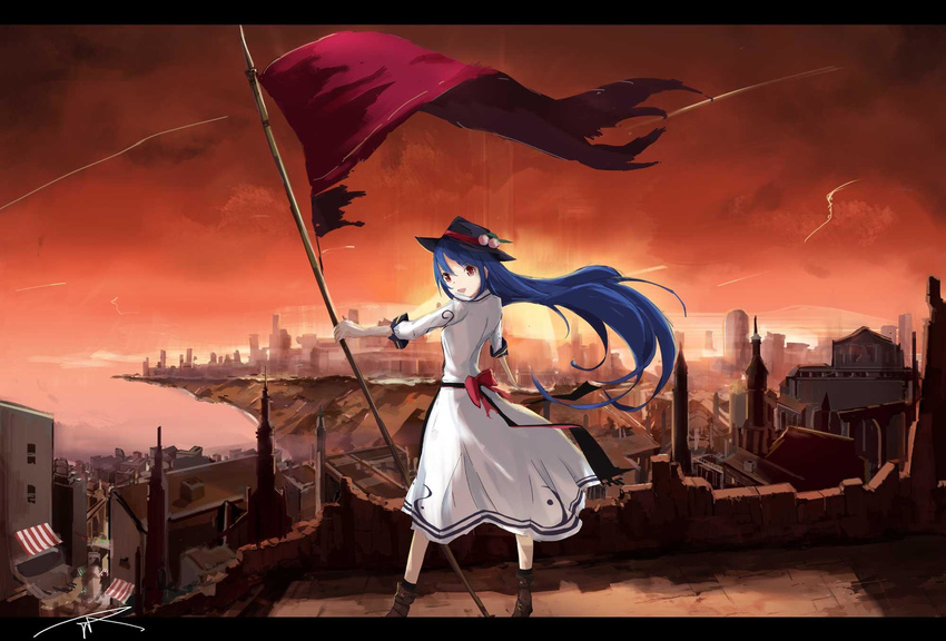 adapted_costume artist_name bangs black_hat blue_hair boots bow brown_footwear commentary dress flag food fruit hat highres hinanawi_tenshi holding long_dress long_hair long_sleeves looking_at_viewer looking_back peach red_bow scenery signature smile solo standing tetsurou_(fe+) touhou white_dress