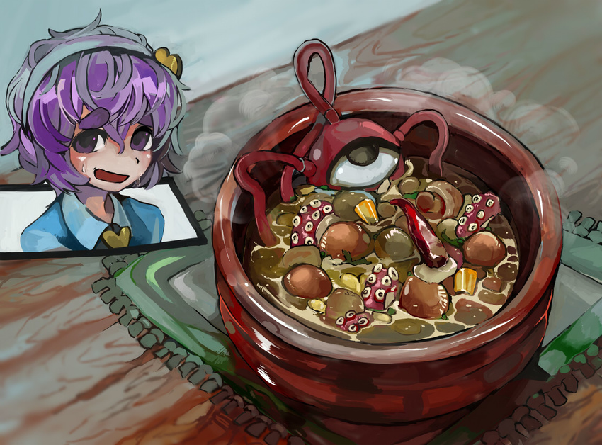 bad_food bowl carrot eyebrows food headband komeiji_satori migi_tonari mushroom napkin pink_eyes pink_hair potato soup steam sweatdrop tentacles thick_eyebrows third_eye touhou