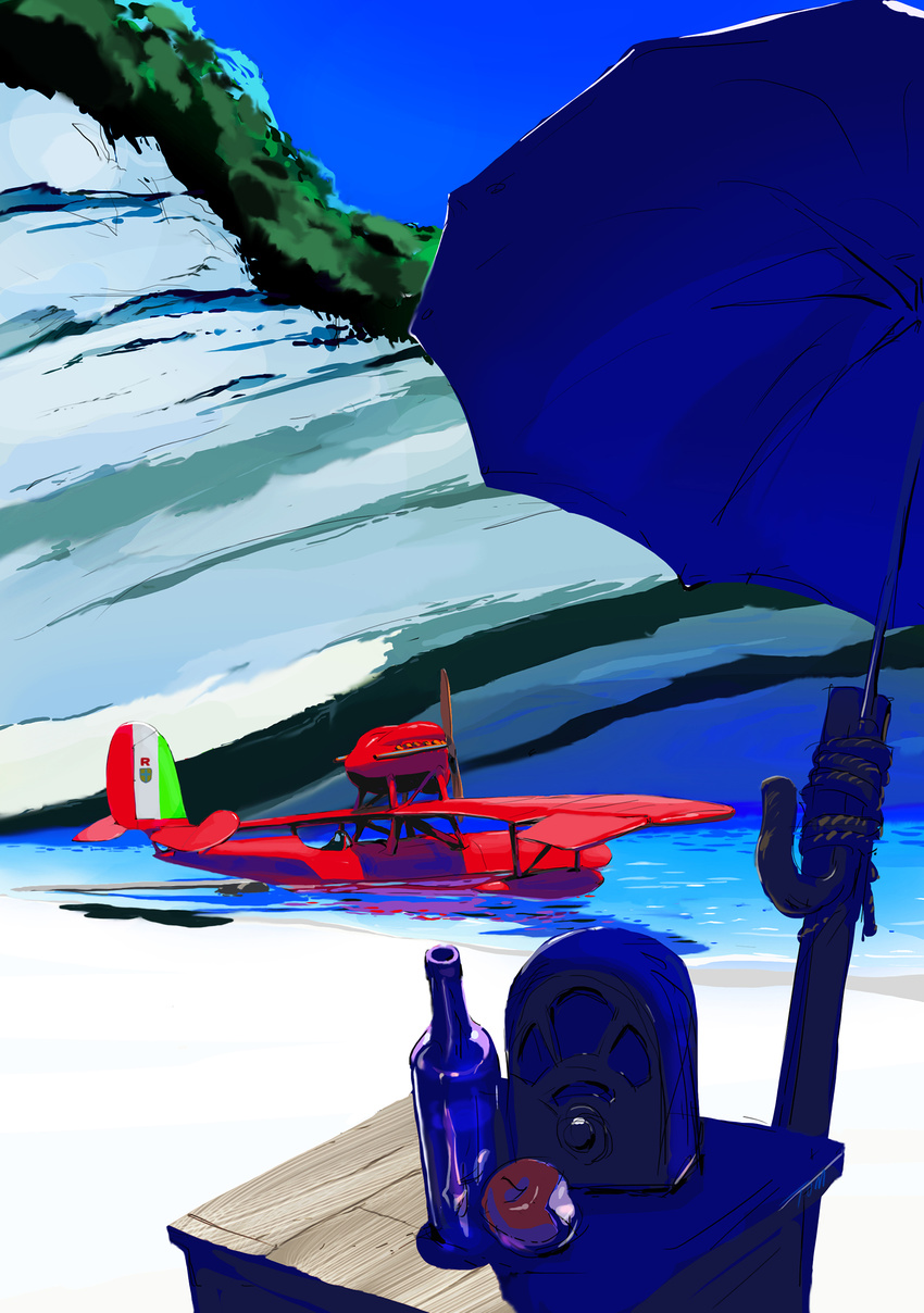 aircraft airplane apple bottle crate flying_boat food fruit highres kurenai_no_buta no_humans propeller radio shade studio_ghibli tombiiwa umbrella water