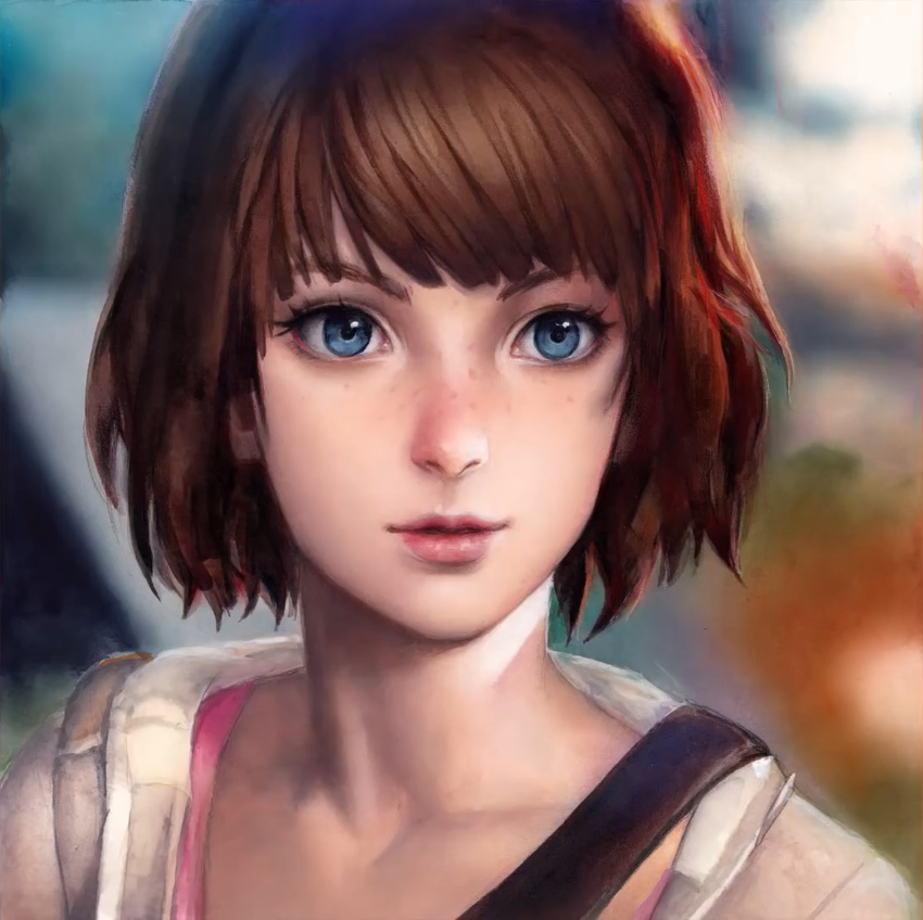 blue_eyes brown_hair colored_pencil_(medium) ink_(medium) laovaan life_is_strange lips lossy-lossless max_caulfield nose parted_lips photo portrait short_hair solo strap sweater traditional_media video_crop watercolor_(medium)