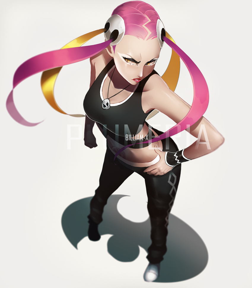 1girl artist_name bare_arms black_pants black_shirt blonde_hair character_name collarbone crop_top eyeshadow from_above full_body hair_ornament hand_on_hip highres kogal lipstick long_hair makeup multicolored_hair navel pants pink_hair plumeria_(pokemon) pokemon pokemon_(game) pokemon_sm quad_tails shirt shoes skull_hair_ornament skull_necklace sly-8 solo standing stomach_tattoo tattoo team_skull white_shoes wristband yellow_eyes