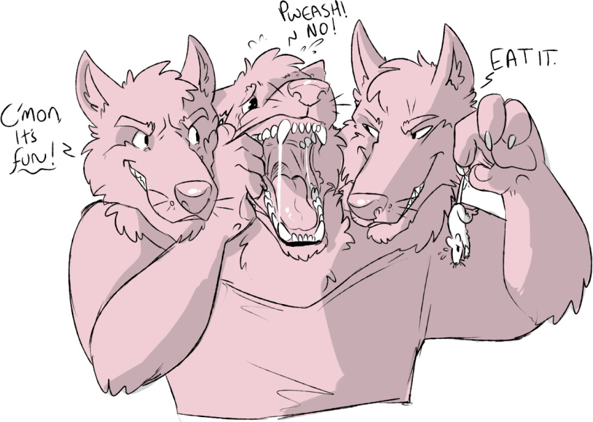 3_heads begging body_control brothers canine cerberus conjoined dialogue finger_in_mouth force_feeding forced imminent_vore imperatorcaesar lifted_by_tail male male_pred mammal mouse mouth_play multi_head multifur open_mouth rodent sibling snout uninvited_vore unwilling_vore vore wolf