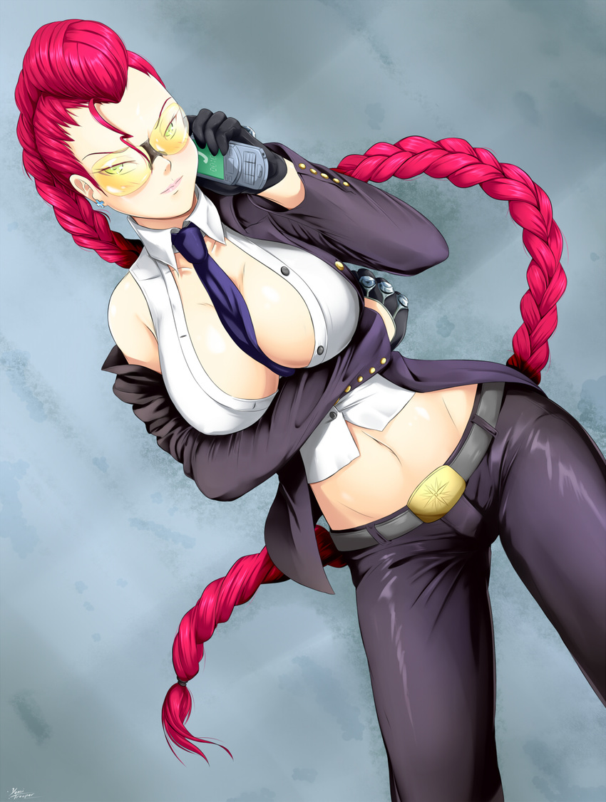 between_breasts black_gloves braid breasts cellphone cleavage crimson_viper gloves green_eyes highres large_breasts long_hair looking_at_viewer midriff navel necktie necktie_between_breasts phone pompadour red_hair smile solo street_fighter street_fighter_iv_(series) sunglasses yomitrooper