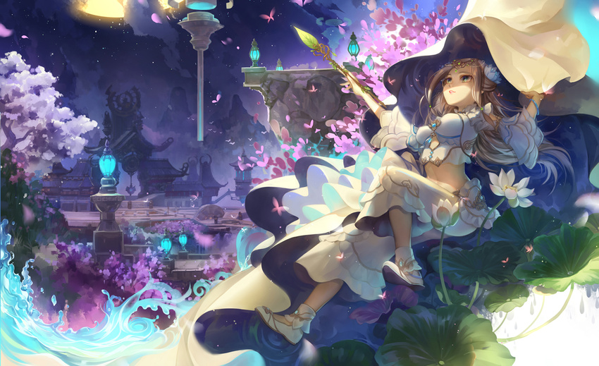 architecture blonde_hair cherry_blossoms ching_nu_yu_hun cloud detached_sleeves east_asian_architecture flower gate green_eyes hair_flower hair_ornament huazha01 lantern lily_pad long_hair midriff moon mountain night original petals wand water wide_sleeves wind