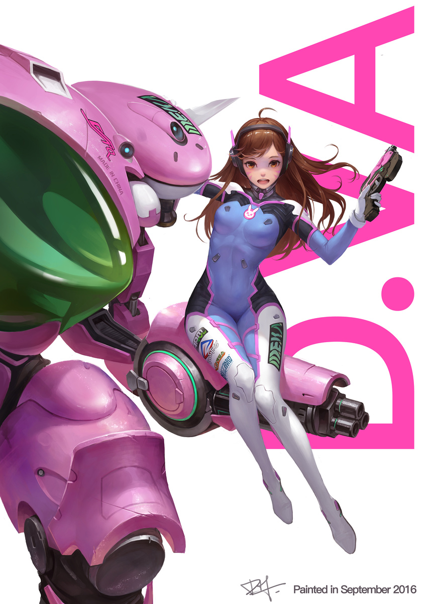 2016 absurdres ahoge animal_print artist_name bad_id bad_pixiv_id bangs blizzard_(company) bodysuit breasts brown_eyes brown_hair bunny_print character_name covered_navel d.va_(overwatch) dated dh_(xuxiaoxxd) emblem facepaint facial_mark finger_on_trigger full_body gloves gun handgun headphones high_collar highres holding holding_gun holding_weapon knees_together_feet_apart logo long_hair looking_at_viewer mecha medium_breasts meka_(overwatch) open_mouth overwatch pilot_suit pistol ribbed_bodysuit september shoulder_pads signature simple_background sitting skin_tight solo swept_bangs weapon whisker_markings white_background white_gloves