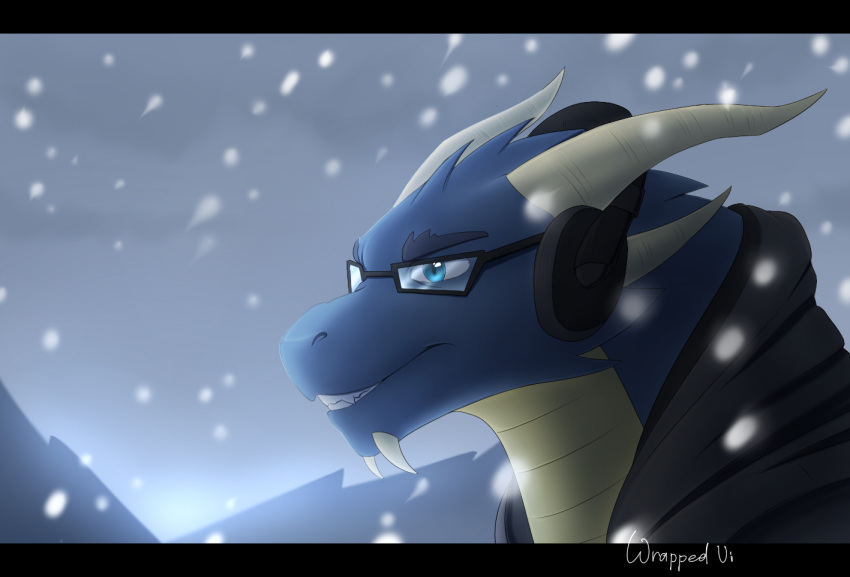 2019 black_bars blue_eyes clothed clothing day digital_media_(artwork) dragon eyebrows eyewear glasses horn outside smile snow snowing solo wrappedvi