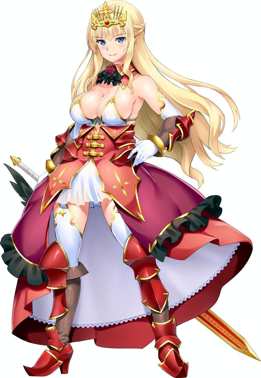 &gt;:) armpits bare_shoulders bikini_top blonde_hair blue_eyes brave_girl_ravens breasts cleavage detached_collar dress elbow_gloves elbow_pads flower full_body gloves hand_on_hip highres jewelry large_breasts leticia_(brave_girl_ravens) long_hair looking_at_viewer official_art red_dress red_flower red_rose rose shinozuka_atsuto shiny shiny_skin sideboob sidelocks simple_background smile solo standing sword tiara v-shaped_eyebrows very_long_hair weapon white_background white_gloves