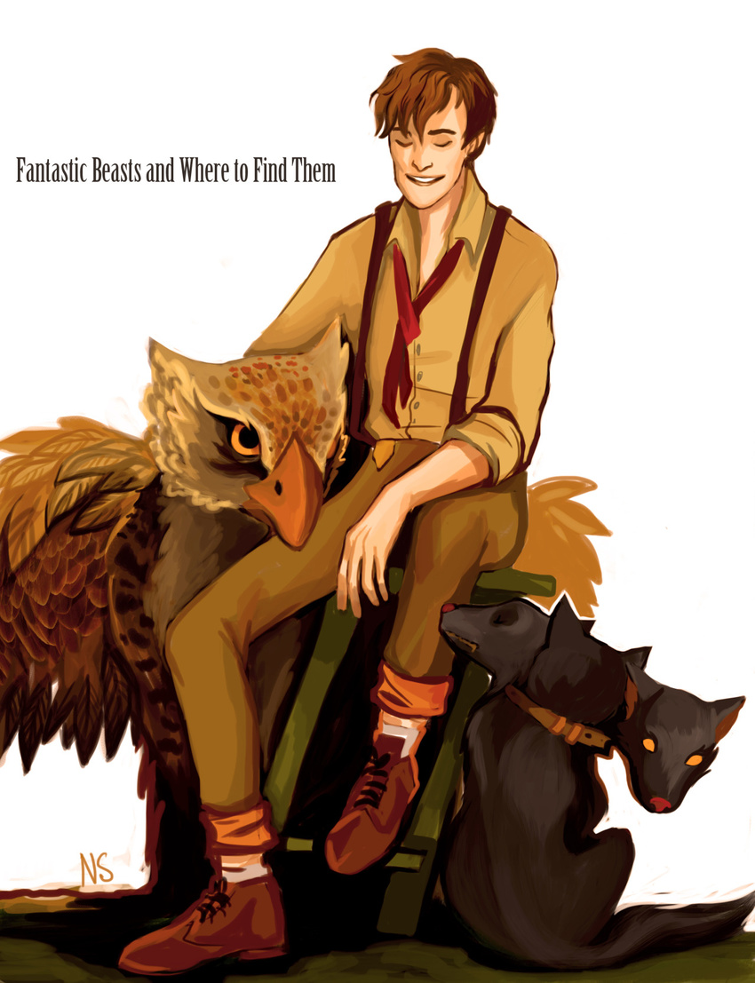 1boy copyright_name dog fantastic_beasts_and_where_to_find_them harry_potter newt_scamander owl sitting suspenders