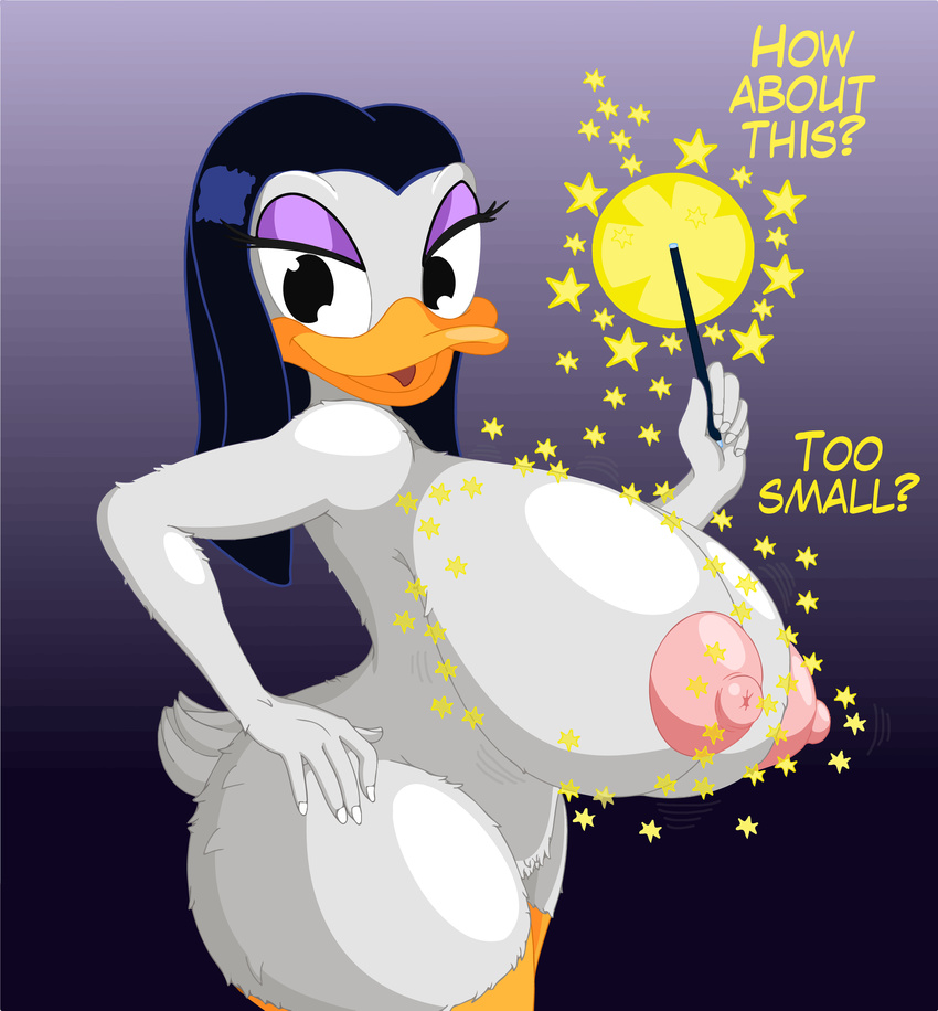 absurd_res anthro areola avian big_breasts bird breasts duck ducktits english_text erect_nipples female hi_res huge_breasts magica_de_spell nipples nude solo text