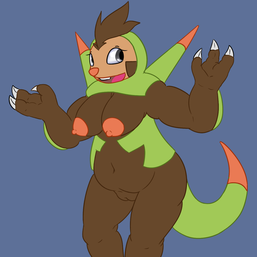 3_fingers anthro areola armor armpits belly big_breasts breasts brown_hair brown_skin buckteeth chestnut claws clothing eyelashes female food fruit grey_eyes hair looking_back mammal navel nintendo nipples nude open_mouth pok&eacute;mon posexe pussy quilladin simple_background slightly_chubby smile solo spikes standing teeth tongue video_games
