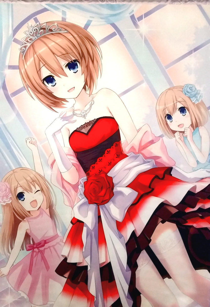 absurdres arm_up bangs bare_shoulders blanc blue_bow blue_dress blue_eyes blue_flower blue_rose blush bow breasts brown_hair clenched_hands collarbone curtains dress dutch_angle elbow_gloves flower frilled_dress frills gekijigen_tag:_blanc_+_neptune_vs_zombie_gundan gloves gradient hair_between_eyes hair_flower hair_ornament hand_on_own_chest hands_up happy highres indoors jewelry lace lace-trimmed_dress lace-trimmed_thighhighs layered_dress lens_flare long_hair looking_at_viewer multiple_girls necklace neptune_(series) official_art one_eye_closed open_mouth petticoat pink_bow pink_dress pink_flower pink_rose raised_fist ram_(choujigen_game_neptune) red_dress red_flower red_rose ribbon rom_(choujigen_game_neptune) rose sash scan see-through shawl short_hair siblings sisters skirt_hold sky sleeveless sleeveless_dress small_breasts smile sparkle stairs standing strapless strapless_dress thighhighs tiara tree tsunako twins white_legwear white_sash window zettai_ryouiki