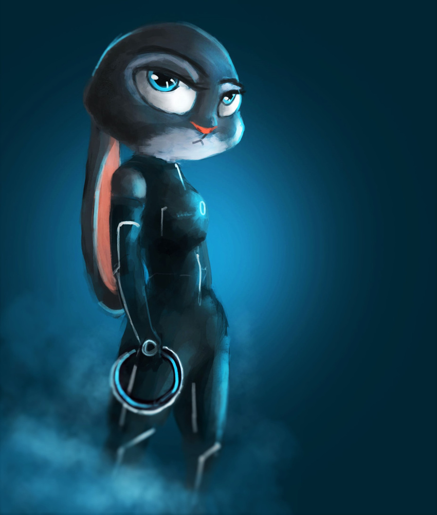 anthro bodysuit clothed clothing cosplay crossover disk disney female hi_res judy_hopps lagomorph mammal rabbit simple_background skinsuit solo sprinkah tight_clothing tron zootopia