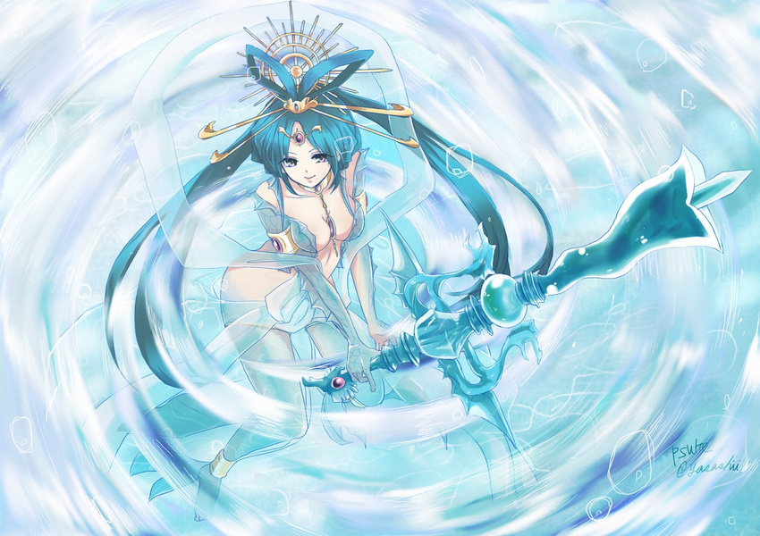 anklet barefoot blue_hair breasts brown_eyes cleavage collarbone djinn_equip hair_ornament holding holding_weapon jewelry long_hair magi_the_labyrinth_of_magic medium_breasts ren_kougyoku see-through signature solo weapon