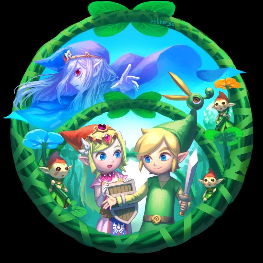 bellhenge blonde_hair blue_eyes ezlo flower hat highres holding holding_flower link md5_mismatch minish open_mouth phrygian_cap pointy_ears princess_zelda red_eyes red_hat resized shield short_hair sword the_legend_of_zelda the_legend_of_zelda:_the_minish_cap tiara toon_link toon_zelda upscaled vaati weapon white_hair