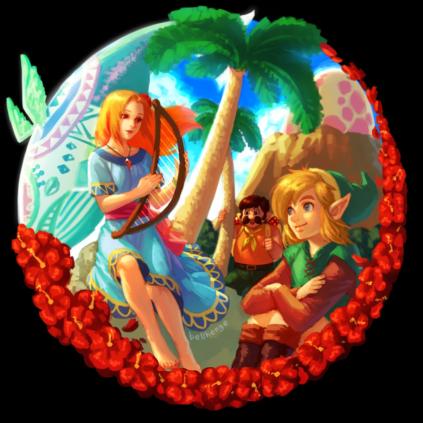 2boys barefoot bellhenge blonde_hair blue_eyes flower hair_flower hair_ornament harp hat hibiscus highres instrument jewelry link long_hair marin_(the_legend_of_zelda) md5_mismatch multiple_boys necklace open_mouth palm_tree pointy_ears resized short_hair tarin the_legend_of_zelda the_legend_of_zelda:_link's_awakening tree upscaled wind_fish windfish's_egg