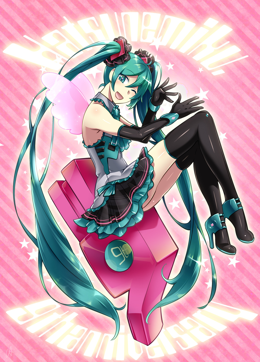 anniversary black_footwear black_gloves black_legwear boots caffein character_name elbow_gloves from_side full_body gloves green_eyes green_hair hatsune_miku heart heart-shaped_pupils high_heel_boots high_heels highres long_hair looking_at_viewer one_eye_closed open_mouth pink_background skirt solo star striped striped_background symbol-shaped_pupils thigh_boots thighhighs twintails very_long_hair vocaloid wings
