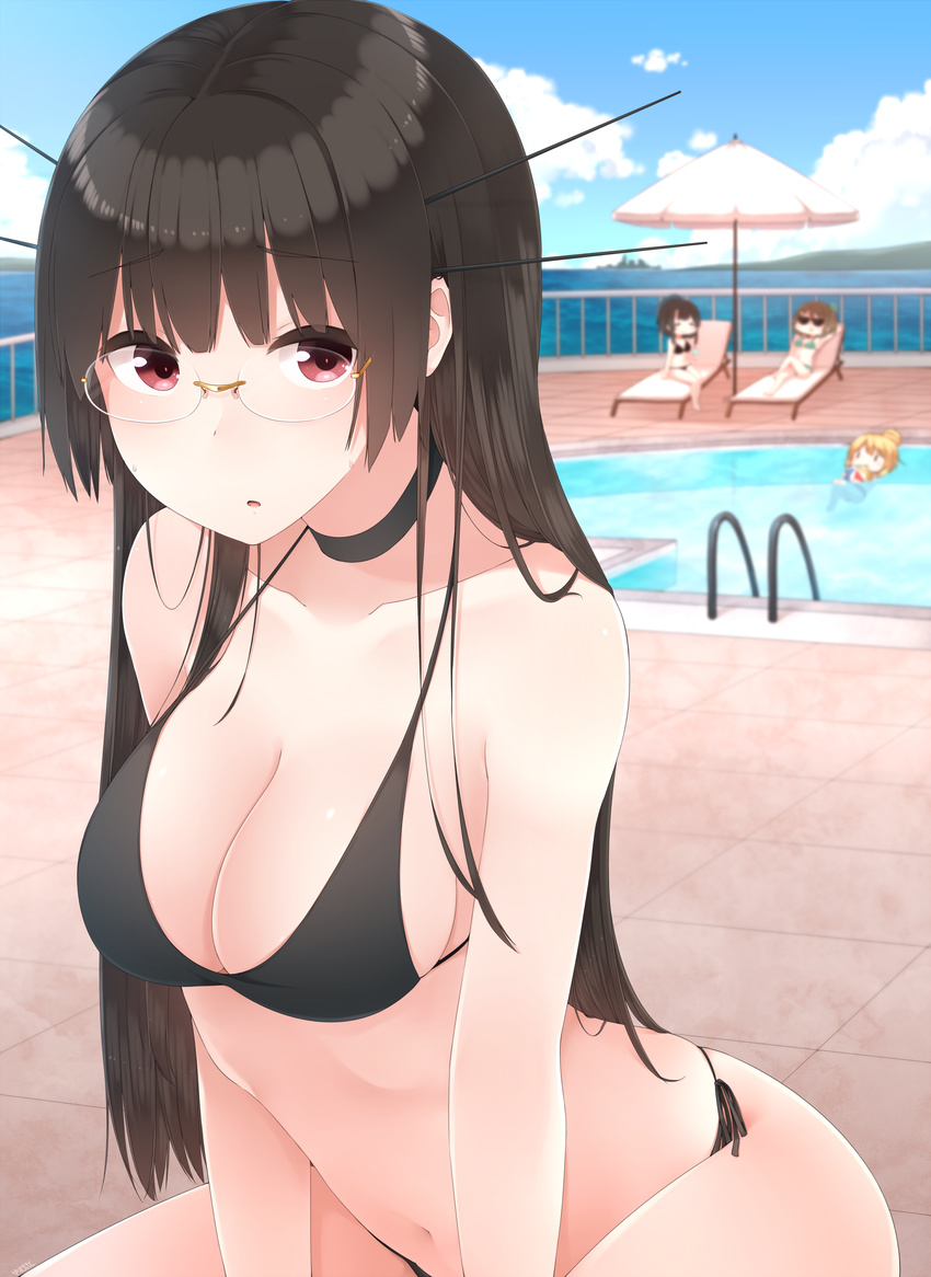 :o =_= absurdres adapted_costume alternate_costume arm_up atago_(kantai_collection) ball bare_shoulders bathing beachball beret between_legs bikini black_bikini black_hair black_ribbon blonde_hair blue_hat blue_sky blurry breasts brown_hair chair choker choukai_(kantai_collection) cleavage closed_eyes cloud collarbone crossed_legs day depth_of_field eyebrows eyebrows_visible_through_hair glasses green_bikini green_hat hair_up hand_between_legs hat headgear highres horizon kantai_collection long_hair lounge_chair maya_(kantai_collection) medium_breasts multiple_girls navel ocean open_mouth outdoors pool pool_ladder railing remodel_(kantai_collection) ribbon rimless_eyewear shore short_hair side-tie_bikini sitting sky stomach sunglasses swimsuit takao_(kantai_collection) tile_floor tiles water yukichi_(sukiyaki39)