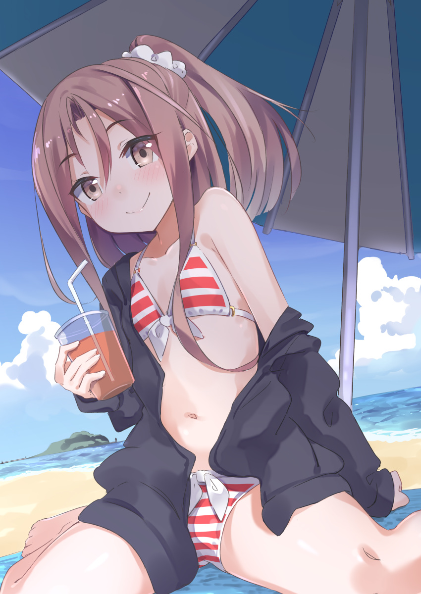 1girl absurdres beach bikini black_jacket blue_sky bow brown_eyes brown_hair cloud day drinking_straw eyebrows_visible_through_hair flat_chest front-tie_bikini front-tie_top gedoo_(gedo) hair_between_eyes high_ponytail highres holding jacket kantai_collection long_hair looking_at_viewer ocean off_shoulder open_clothes open_jacket outdoors red_bikini sitting sky smile solo striped striped_bikini swimsuit wariza white_bow zuihou_(kantai_collection)