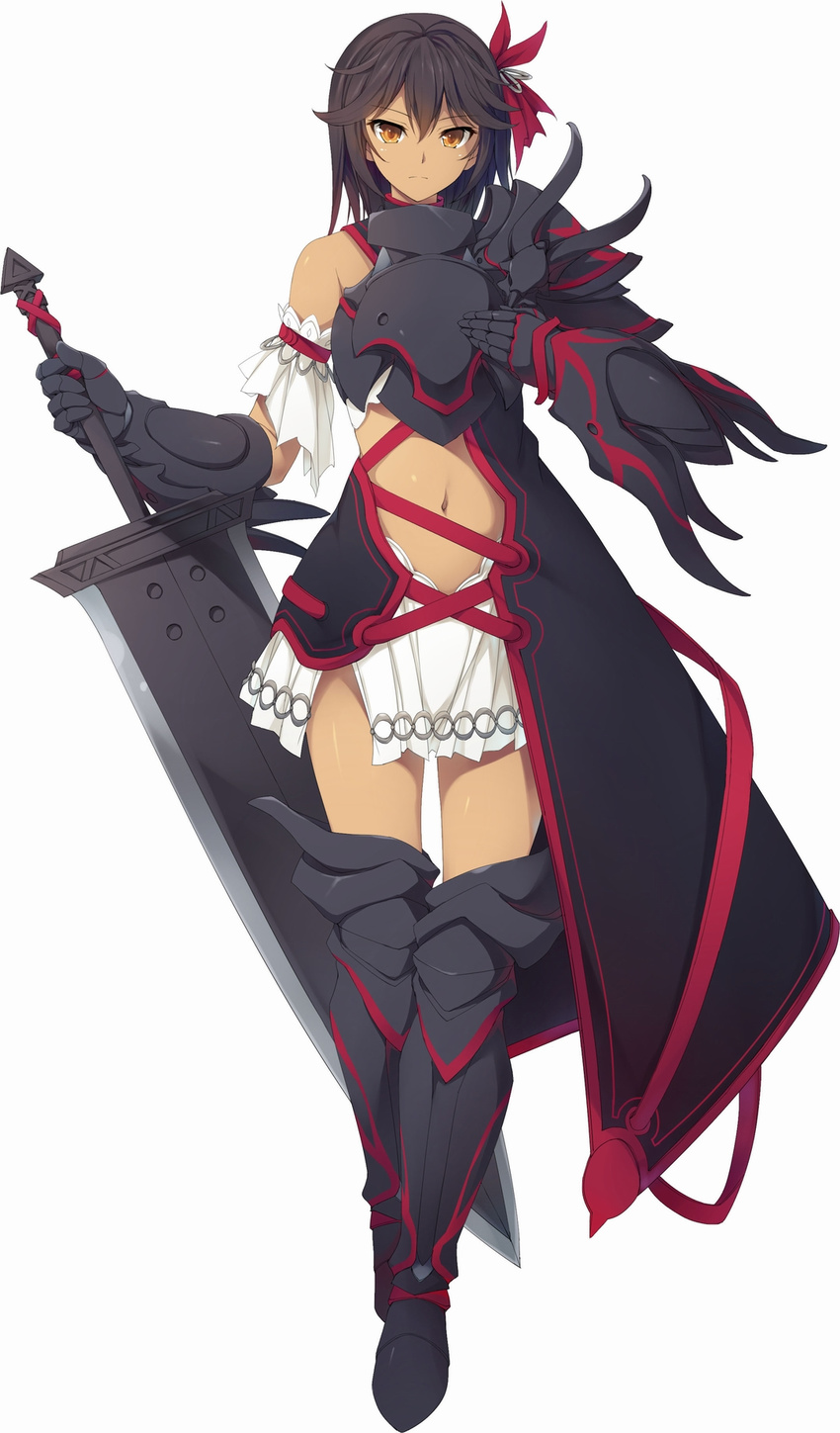 armor armored_boots asymmetrical_clothes black_hair boots brave_girl_ravens dark_skin elle_reliant full_body gauntlets hair_ornament hand_on_own_chest highres kusakami_akira looking_at_viewer midriff orange_eyes short_hair simple_background skirt solo standing sword weapon white_background