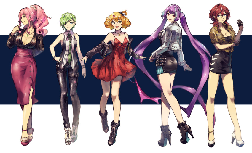 5girls :d absurdly_long_hair anklet asymmetrical_gloves black_bow black_dress black_footwear black_gloves black_panties blonde_hair blue_eyes boots bow breasts brown_jacket choker cleavage clothes_down collarbone dress elbow_gloves floating_hair freyja_wion full_body gloves green_hair green_neckwear grey_jacket hair_bow hair_ornament hair_twirling half_gloves hand_on_hip heart heart_hair_ornament high-waist_skirt high_heel_boots high_heels high_ponytail highlights highres jacket jewelry kaname_buccaneer large_breasts long_hair looking_at_viewer looking_back looking_to_the_side macross macross_delta makina_nakajima medium_skirt mikumo_guynemer multicolored_hair multiple_girls necklace necktie one_side_up open_clothes open_jacket open_mouth panties parted_lips pink_hair pink_skirt pointy_ears pumps purple_hair red_dress red_hair reina_prowler shimatani_azu shiny shiny_hair short_dress short_hair short_sleeves skin_tight skirt sleeveless sleeveless_dress small_breasts smile standing twintails underwear very_long_hair white_background