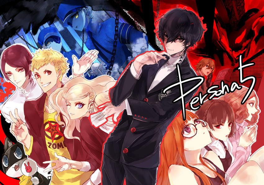 6+girls absurdres akechi_gorou amamiya_ren arsene_(persona_5) bad_id bad_pixiv_id bad_revision bald bare_shoulders black_hair blonde_hair blue_eyes brown_eyes brown_hair caroline_(persona_5) cat chain downscaled_revision earrings everyone eyepatch glasses gloves hair_ornament hairclip hat highres igor iriya_(lonesome) jewelry justine_(persona_5) kitagawa_yuusuke long_hair looking_at_viewer mask morgana_(persona_5) multiple_boys multiple_girls niijima_makoto okumura_haru one_eye_closed orange_hair persona persona_5 red_eyes sakamoto_ryuuji sakura_futaba school_uniform shibuya_109 short_hair shuujin_academy_uniform siblings smile takamaki_anne twins twintails v yellow_eyes