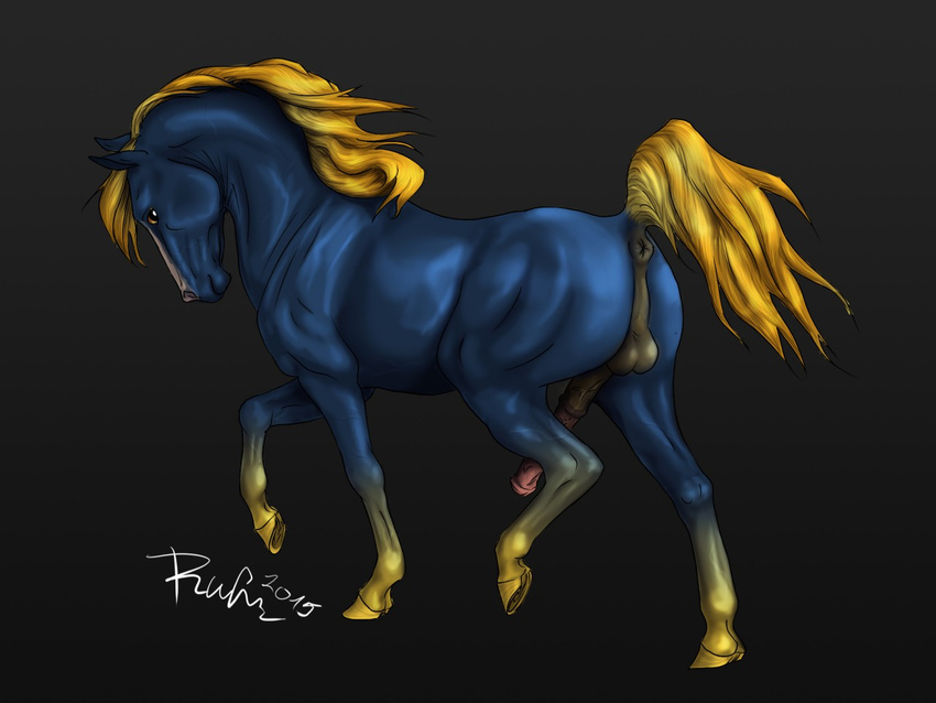 2015 anatomically_correct anatomically_correct_anus anatomically_correct_penis animal_genitalia animal_penis anus backsack balls black_background blue_fur butt digital_media_(artwork) equine equine_penis erection feral fur hooves horse looking_at_viewer male mammal mane medial_ring multicolored_fur penis perineum pointy_ears puffy_anus quadruped raised_tail rufciu side_view signature simple_background solo two_tone_fur vein veiny_penis walking yellow_eyes yellow_fur