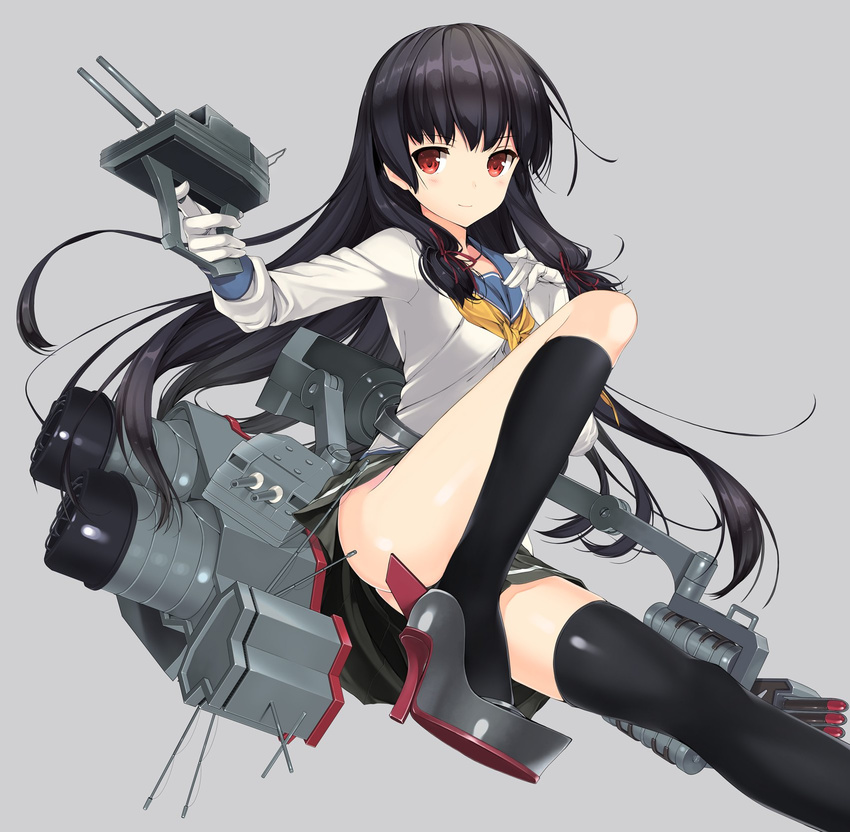 asymmetrical_legwear black_hair black_legwear gloves grey_background grey_skirt gun hair_ribbon highres holding holding_gun holding_weapon isokaze_(kantai_collection) kantai_collection kneehighs long_hair naruse_hirofumi no_panties pleated_skirt red_eyes red_ribbon ribbon school_uniform serafuku shirt simple_background skirt smile solo thighhighs weapon white_gloves white_shirt