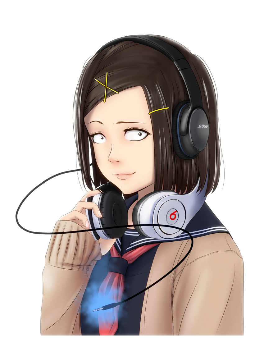 absurdres bangs beats_by_dr._dre black_hair bose cable cardigan commentary constricted_pupils eyebrows hair_ornament hairclip headphones headphones_around_neck highres kaneru_koto looking_at_viewer original sanpaku school_uniform serafuku solo swept_bangs telekinesis upper_body white_background x_hair_ornament