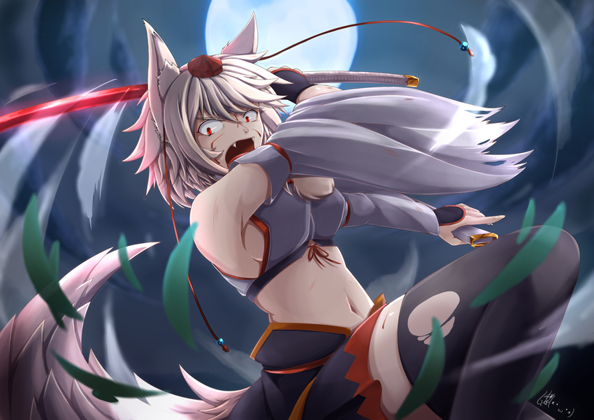 :o animal_ears armpits backlighting bare_shoulders black_legwear black_skirt breasts commentary_request crop_top detached_sleeves facial_mark fangs from_below full_moon hat highres holding holding_sword holding_weapon incoming_attack inubashiri_momiji inyuppo leaf looking_at_viewer medium_breasts midriff moon navel night night_sky open_mouth red_eyes short_hair sideboob skirt sky slashing solo stomach sword tail thighhighs tokin_hat torn_clothes torn_legwear touhou v-shaped_eyebrows weapon white_hair wide_sleeves wolf_ears wolf_girl wolf_tail