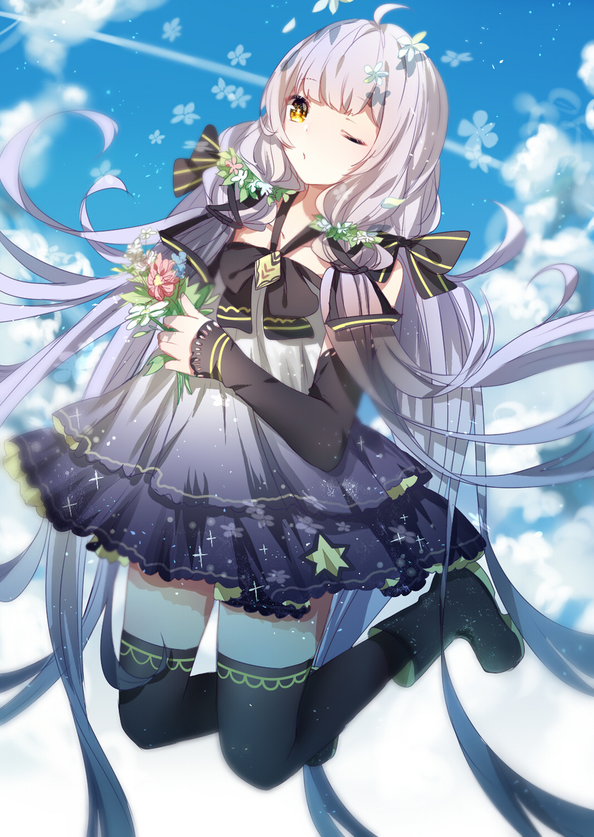 absurdly_long_hair ahoge bangs bare_shoulders black_bow black_legwear blue_sky boots bow c-i cloud collarbone day dress elbow_gloves eyebrows eyebrows_visible_through_hair flower full_body gloves hair_bow hair_flower hair_ornament hair_ribbon highres holding long_hair looking_at_viewer petals quad_tails ribbon silver_hair sky solo thighhighs very_long_hair vocaloid xingchen yellow_eyes