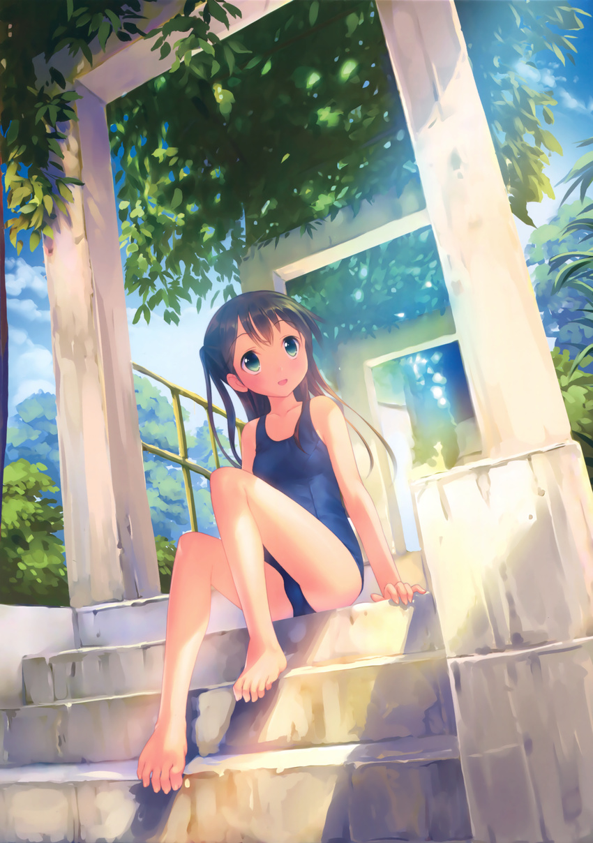 absurdres bangs bare_arms bare_legs bare_shoulders barefoot black_hair blue_sky blue_swimsuit blush breasts day eyebrows eyebrows_visible_through_hair green_eyes highres long_hair looking_away one-piece_swimsuit one_side_up open_mouth original outdoors plant scan school_swimsuit sitting sitting_on_stairs sky small_breasts smile solo source_request stairs sunlight swimsuit takoyaki_(roast) trellis