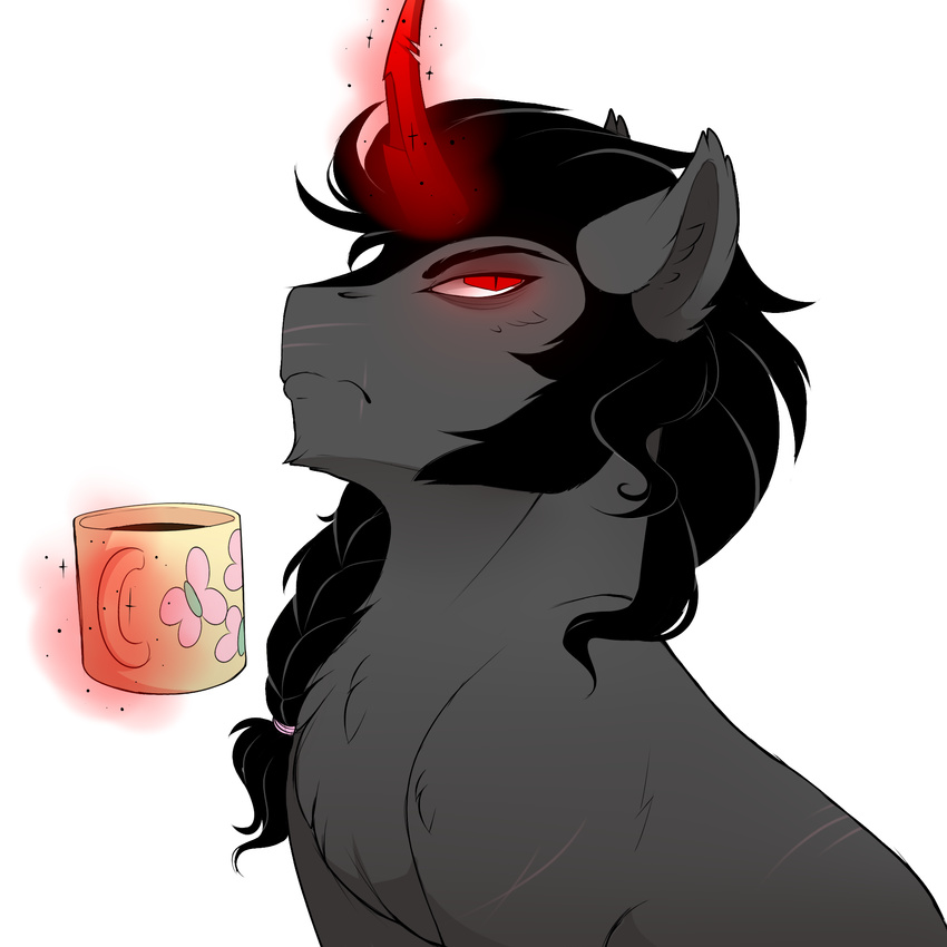 black_hair cup equine evehly feral fluffy friendship_is_magic fur grey_fur hair horn king_sombra_(mlp) magic male mammal my_little_pony red_eyes simple_background sitting solo unicorn white_background