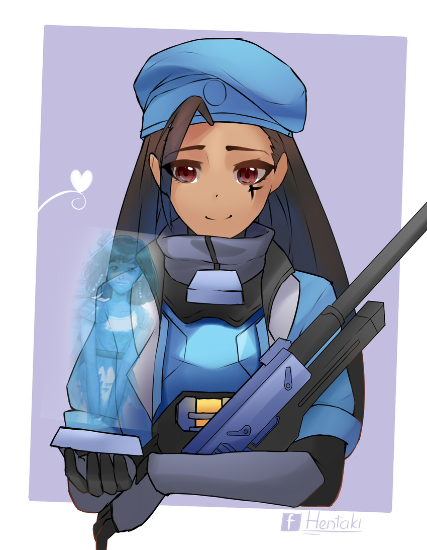 ahoge alternate_costume ana_(overwatch) armor artist_name beret black_hair border brown_eyes captain_amari child dark_skin facial_mark facial_tattoo gun happy hat heart hentaki highres holding holding_gun holding_weapon hologram long_hair looking_at_another mother_and_daughter multiple_girls overwatch pharah_(overwatch) purple_background rifle side_braids signature smile sniper_rifle tattoo upper_body v_arms watermark weapon white_border younger