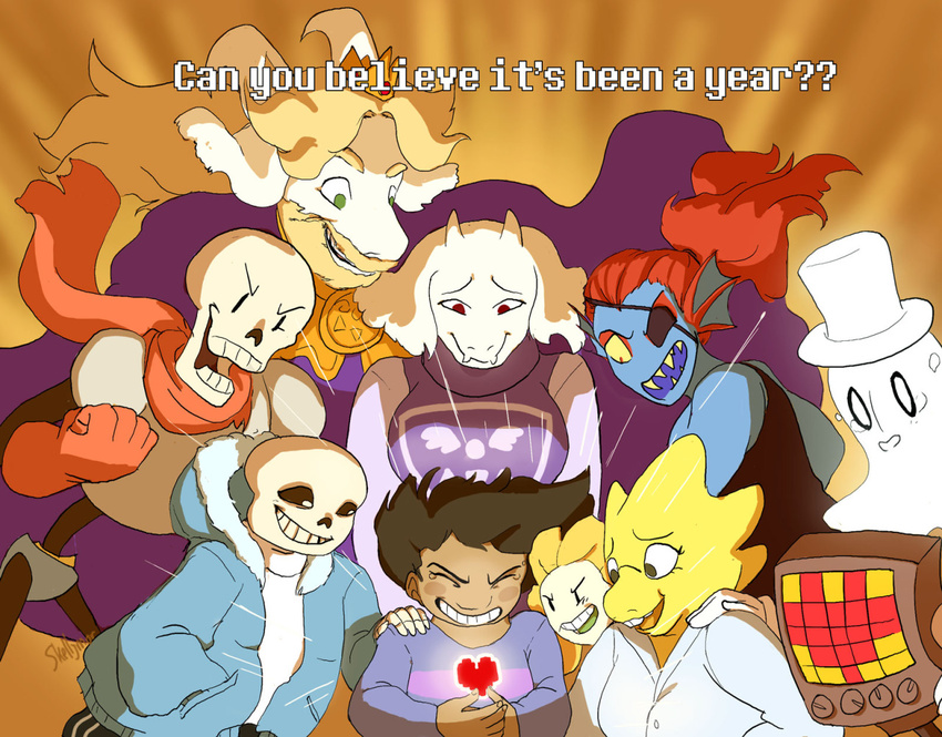 2016 alphys animated_skeleton anthro asgore_dreemurr bone boss_monster caprine english_text female fish flower flowey_the_flower ghost goat human lizard machine male mammal marine mettaton napstablook papyrus_(undertale) plant protagonist_(undertale) reptile robot sans_(undertale) scalie skeleton skellymor smile spirit text toriel undead undertale undyne video_games